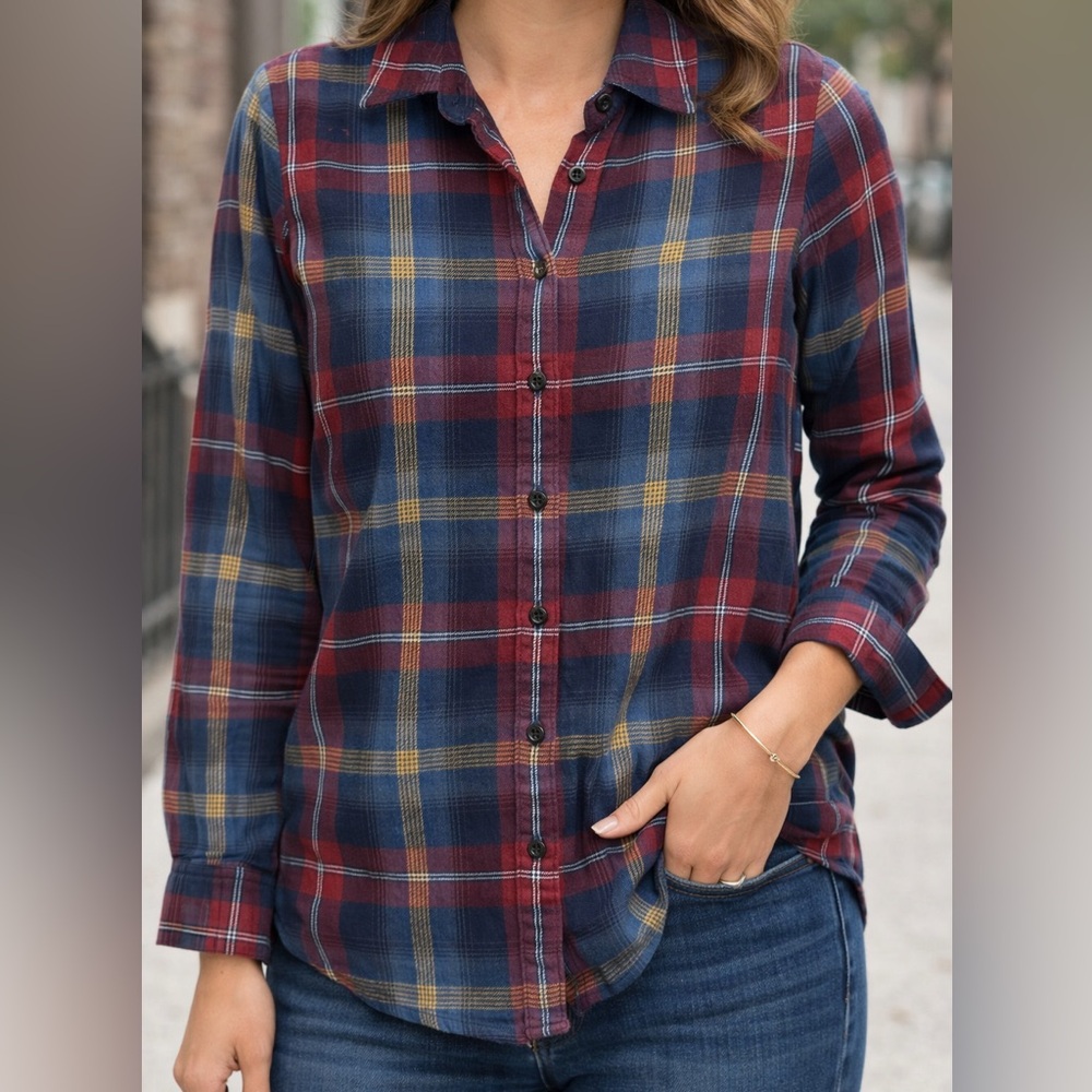 LANDS END Plaid Button-Down Shirt - Navy, Burgundy & Yellow size XS